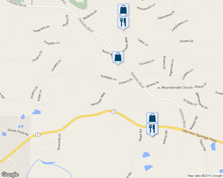 map of restaurants, bars, coffee shops, grocery stores, and more near 214 Pizarro Drive in Hot Springs Village