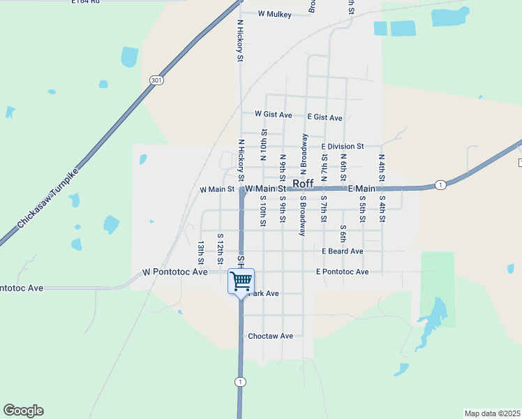map of restaurants, bars, coffee shops, grocery stores, and more near 225 West Frisco Avenue in Roff