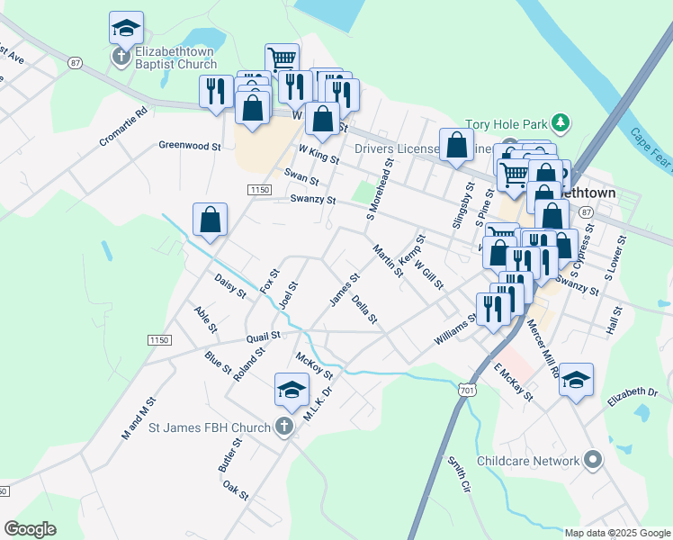 map of restaurants, bars, coffee shops, grocery stores, and more near in Bladenboro