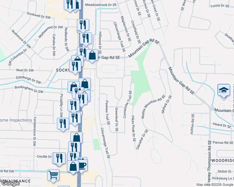 map of restaurants, bars, coffee shops, grocery stores, and more near 322 Rosemont Road Southeast in Huntsville