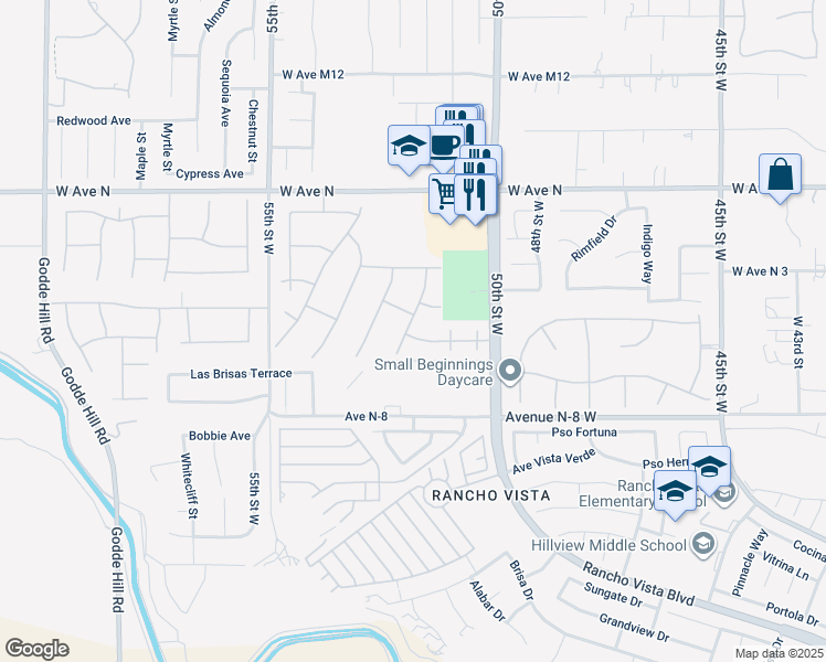 map of restaurants, bars, coffee shops, grocery stores, and more near 5133 Hillside Place in Palmdale