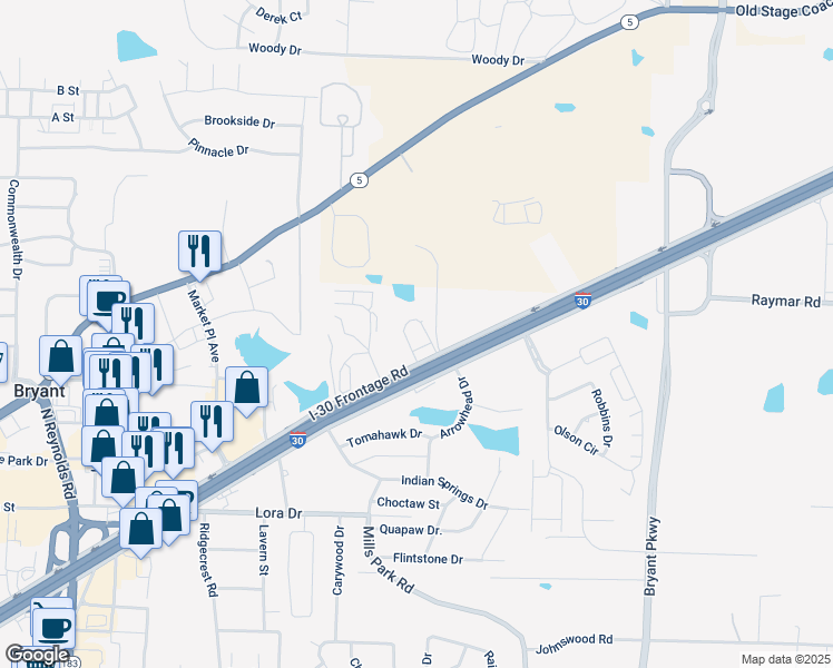 map of restaurants, bars, coffee shops, grocery stores, and more near 23790 Interstate 30 Frontage Road in Bryant