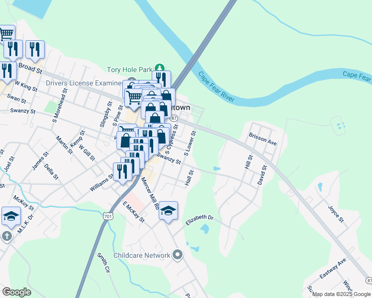 map of restaurants, bars, coffee shops, grocery stores, and more near 213 South Lower Street in Elizabethtown