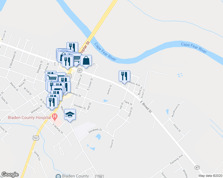 map of restaurants, bars, coffee shops, grocery stores, and more near 173 Rollins Street in Elizabethtown