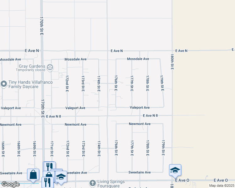 map of restaurants, bars, coffee shops, grocery stores, and more near 40956 176th Street East in Lancaster