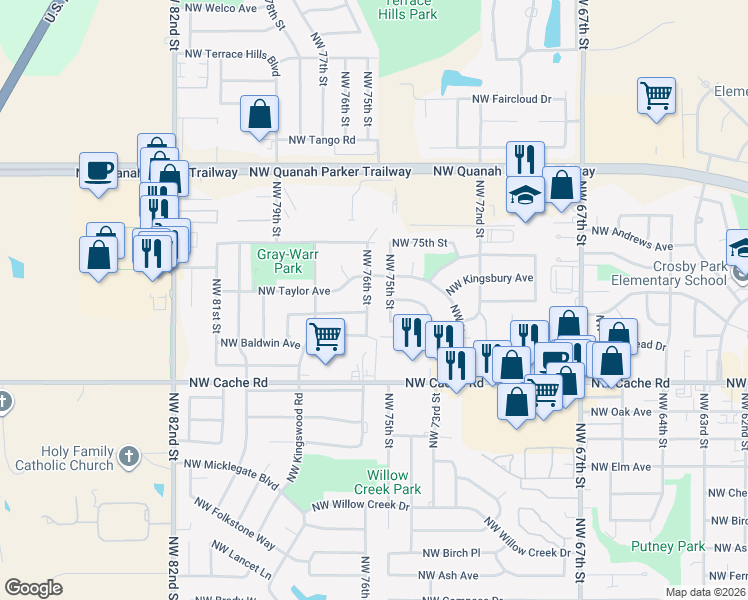 map of restaurants, bars, coffee shops, grocery stores, and more near 1702 Northwest 76th Street in Lawton