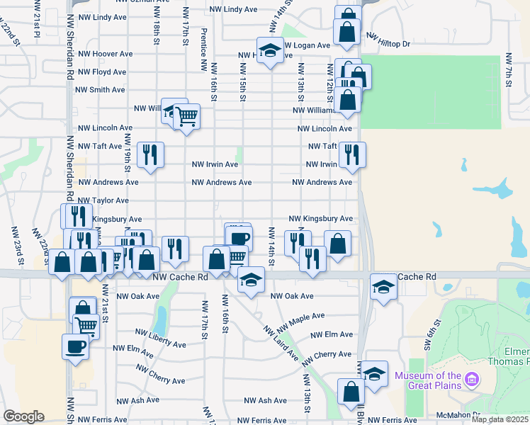 map of restaurants, bars, coffee shops, grocery stores, and more near 1406 Northwest Kingsbury Avenue in Lawton