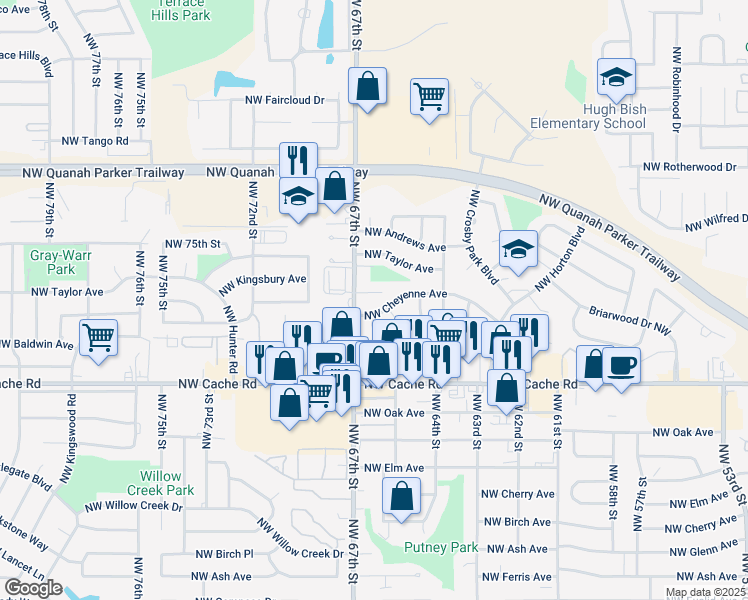 map of restaurants, bars, coffee shops, grocery stores, and more near 6323 Northwest Cheyenne Avenue in Lawton