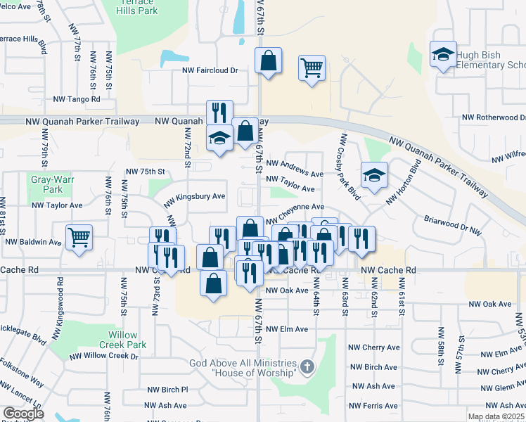 map of restaurants, bars, coffee shops, grocery stores, and more near 1692 Northwest 67th Street in Lawton