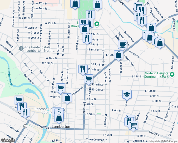 map of restaurants, bars, coffee shops, grocery stores, and more near 1305 North Cedar Street in Lumberton