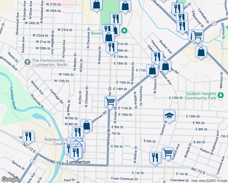 map of restaurants, bars, coffee shops, grocery stores, and more near 1305 North Cedar Street in Lumberton