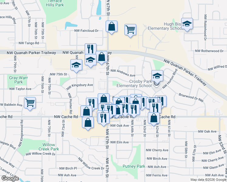 map of restaurants, bars, coffee shops, grocery stores, and more near 6323 Northwest Cheyenne Avenue in Lawton