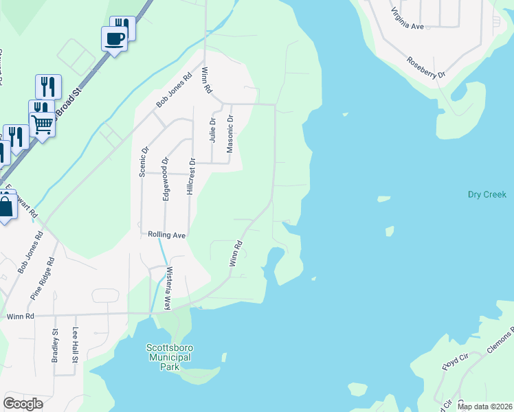 map of restaurants, bars, coffee shops, grocery stores, and more near 45 Sharry Drive in Scottsboro