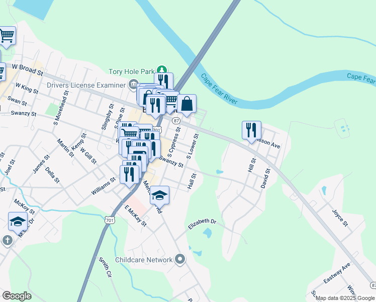 map of restaurants, bars, coffee shops, grocery stores, and more near 213 South Lower Street in Elizabethtown