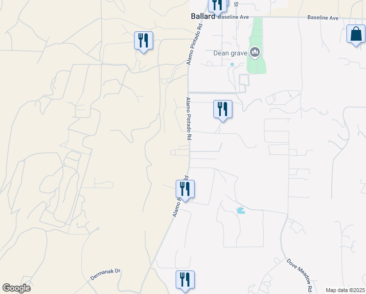 map of restaurants, bars, coffee shops, grocery stores, and more near 1547 Alamo Pintado Road in Solvang