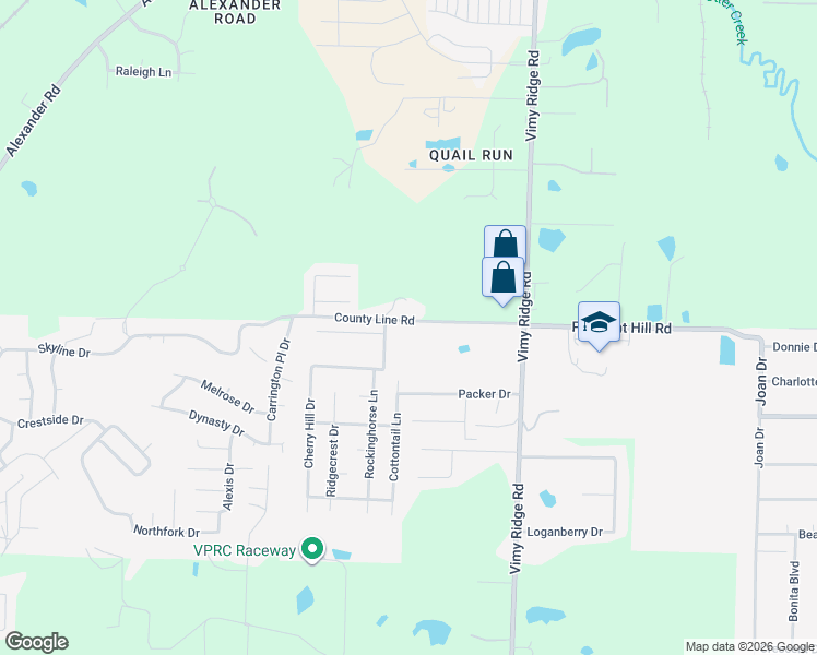 map of restaurants, bars, coffee shops, grocery stores, and more near 12801 County Line Road in Alexander