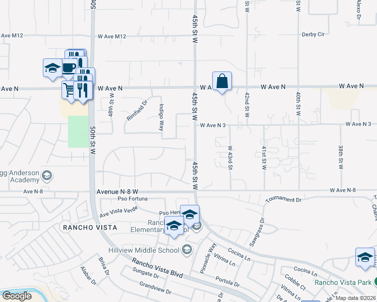 map of restaurants, bars, coffee shops, grocery stores, and more near 40938 Flagstone Street in Palmdale
