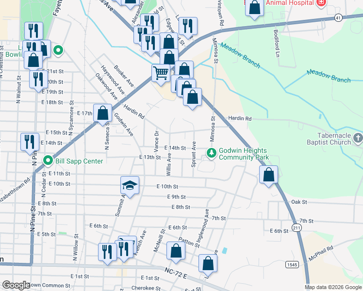 map of restaurants, bars, coffee shops, grocery stores, and more near 1206 East 14th Street in Lumberton
