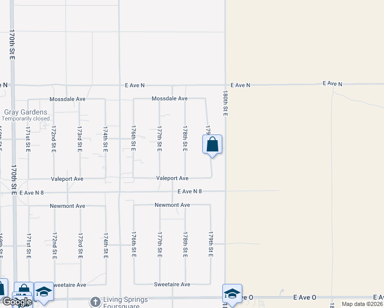 map of restaurants, bars, coffee shops, grocery stores, and more near 40954 178th Street East in Lancaster