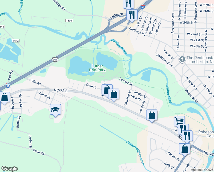 map of restaurants, bars, coffee shops, grocery stores, and more near 610 Branch Street in Lumberton