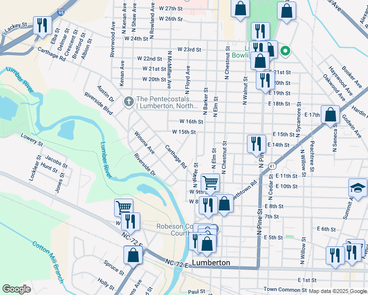 map of restaurants, bars, coffee shops, grocery stores, and more near 104 Charles Street in Lumberton
