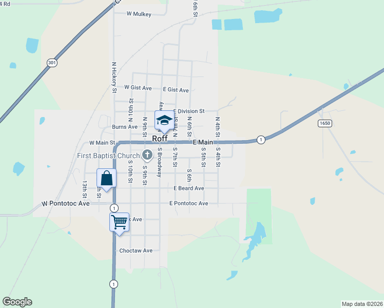 map of restaurants, bars, coffee shops, grocery stores, and more near 301 West Frisco in Roff