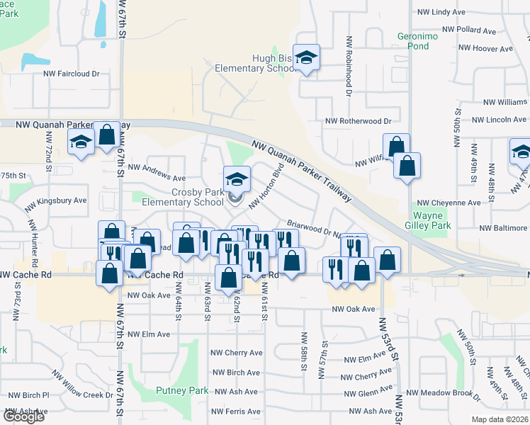 map of restaurants, bars, coffee shops, grocery stores, and more near 6115 Northwest Birchwood Place in Lawton