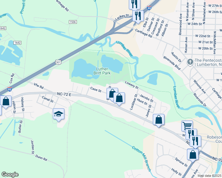 map of restaurants, bars, coffee shops, grocery stores, and more near 610 Branch Street in Lumberton
