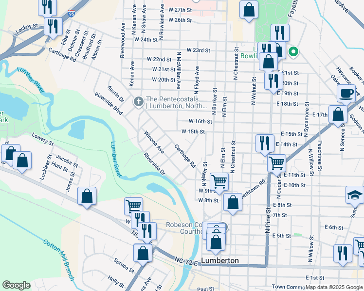 map of restaurants, bars, coffee shops, grocery stores, and more near 1006 Blount Street in Lumberton
