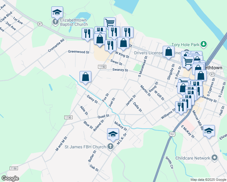 map of restaurants, bars, coffee shops, grocery stores, and more near 805 Fox Street in Elizabethtown