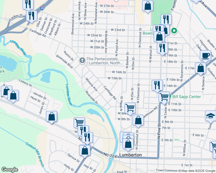 map of restaurants, bars, coffee shops, grocery stores, and more near 1006 Blount Street in Lumberton