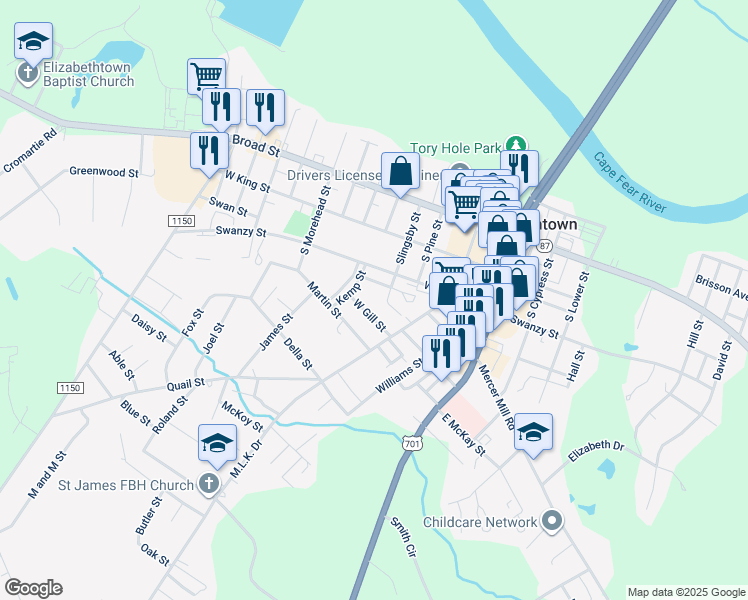 map of restaurants, bars, coffee shops, grocery stores, and more near 502 Slingsby Street in Elizabethtown