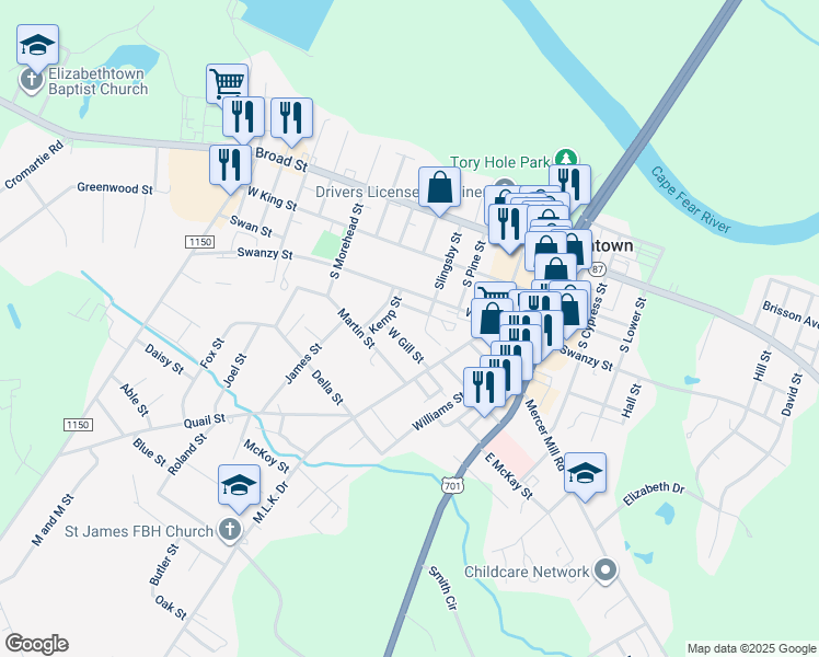 map of restaurants, bars, coffee shops, grocery stores, and more near 502 Slingsby Street in Elizabethtown
