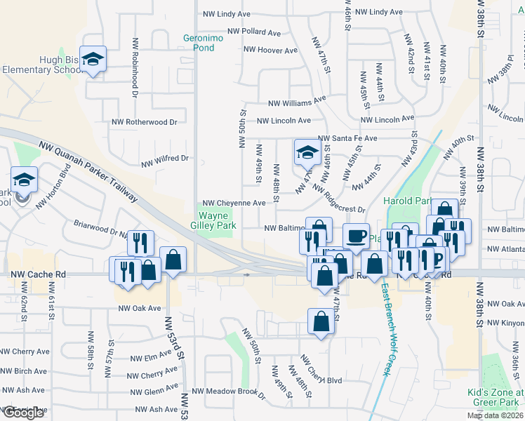 map of restaurants, bars, coffee shops, grocery stores, and more near 1502 Northwest 48th Street in Lawton