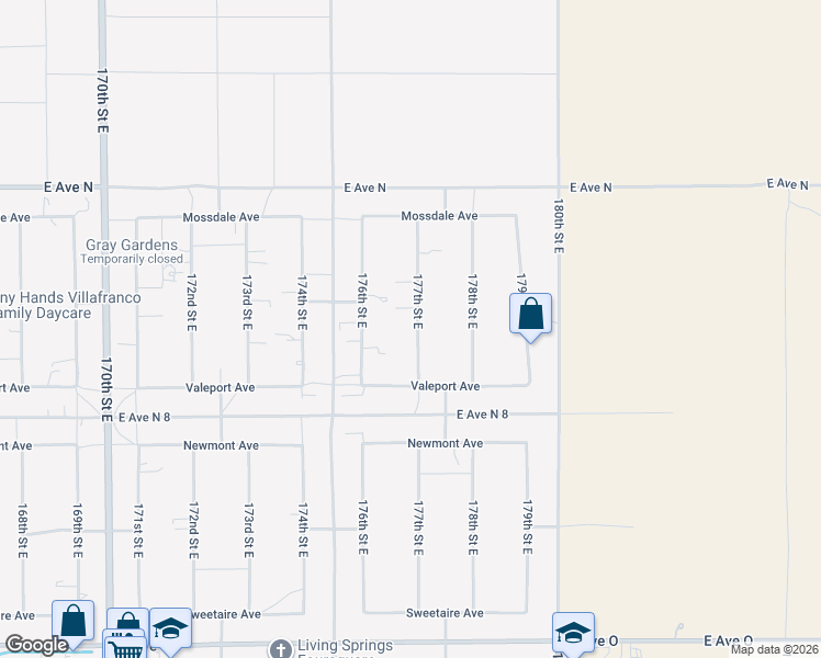 map of restaurants, bars, coffee shops, grocery stores, and more near 40963 177th Street East in Lancaster
