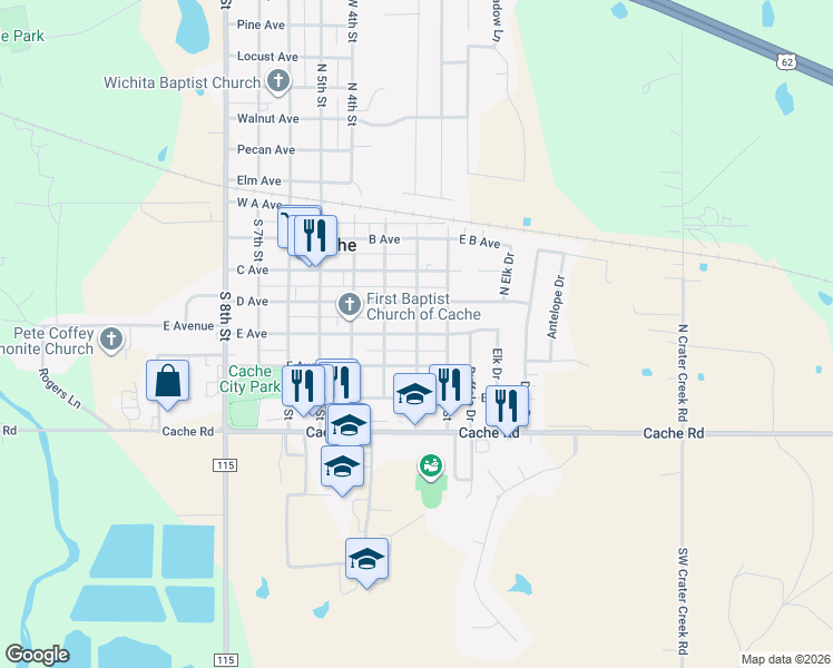 map of restaurants, bars, coffee shops, grocery stores, and more near 215 West East Avenue in Cache