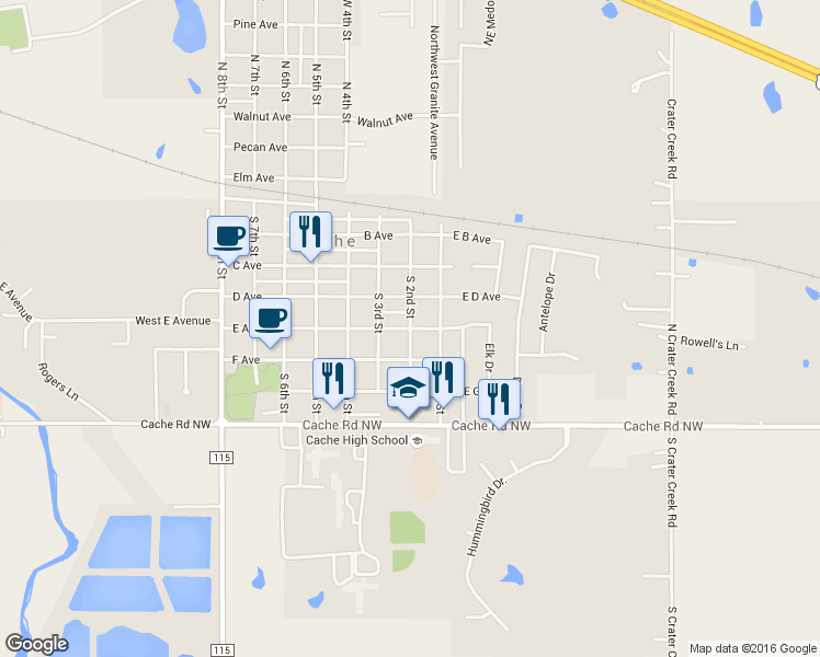 map of restaurants, bars, coffee shops, grocery stores, and more near 201 West East Avenue in Cache