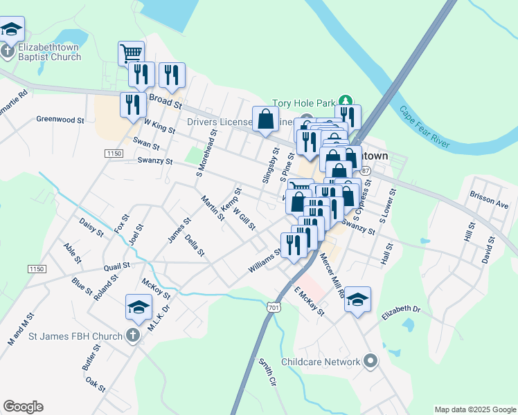 map of restaurants, bars, coffee shops, grocery stores, and more near 405 Slingsby Street in Elizabethtown