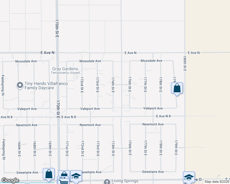 map of restaurants, bars, coffee shops, grocery stores, and more near 40968 174th Street East in Lancaster