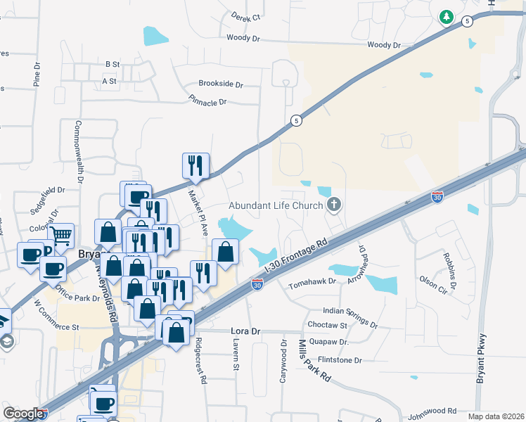 map of restaurants, bars, coffee shops, grocery stores, and more near 23620 Interstate 30 in Bryant