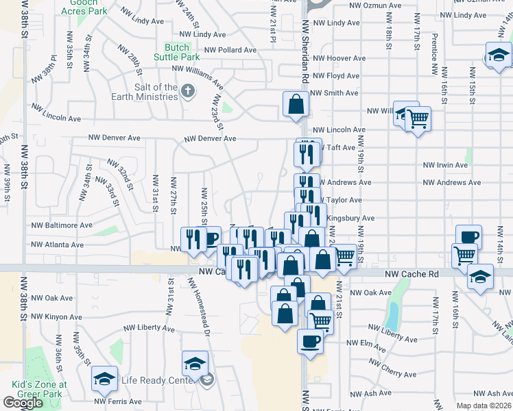 map of restaurants, bars, coffee shops, grocery stores, and more near 1431 Northwest 23rd Street in Lawton