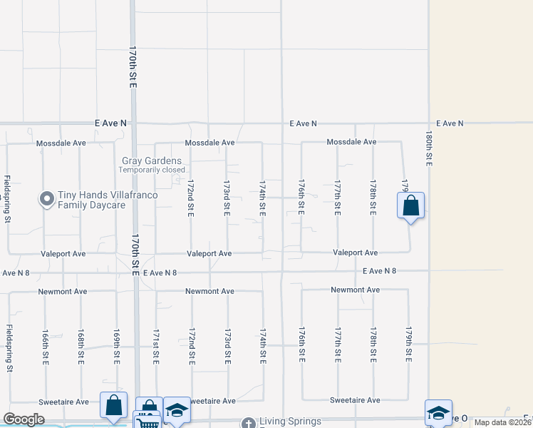 map of restaurants, bars, coffee shops, grocery stores, and more near 40968 174th Street East in Lancaster