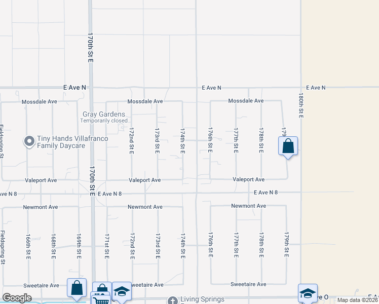map of restaurants, bars, coffee shops, grocery stores, and more near 40968 174th Street East in Lancaster