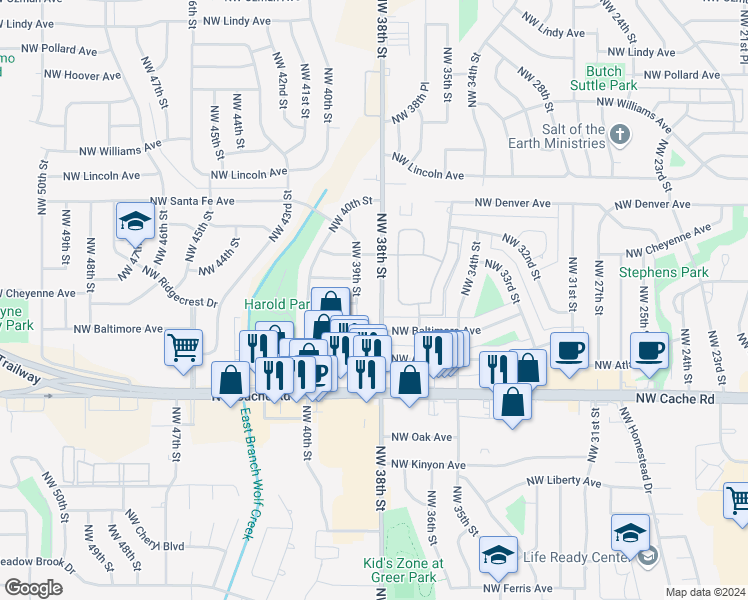 map of restaurants, bars, coffee shops, grocery stores, and more near 1612 Northwest 38th Street in Lawton