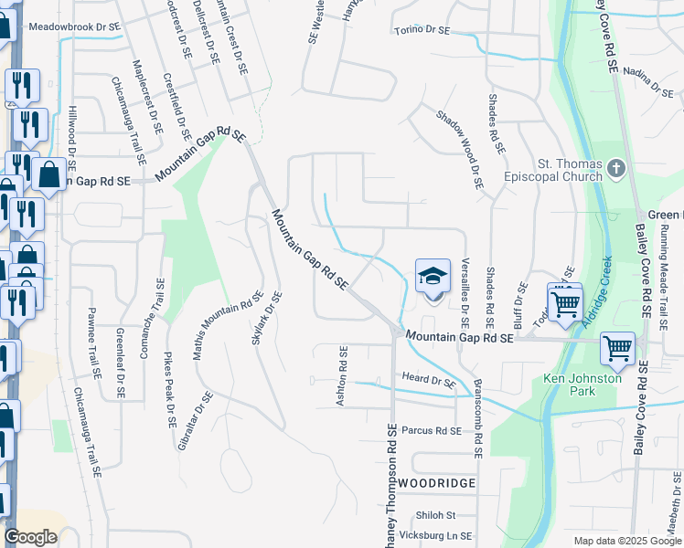 map of restaurants, bars, coffee shops, grocery stores, and more near 717 Mountain Gap Road Southeast in Huntsville