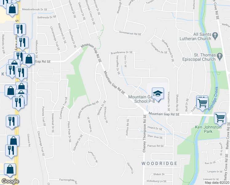 map of restaurants, bars, coffee shops, grocery stores, and more near 602 Mountain Gap Drive Southeast in Huntsville
