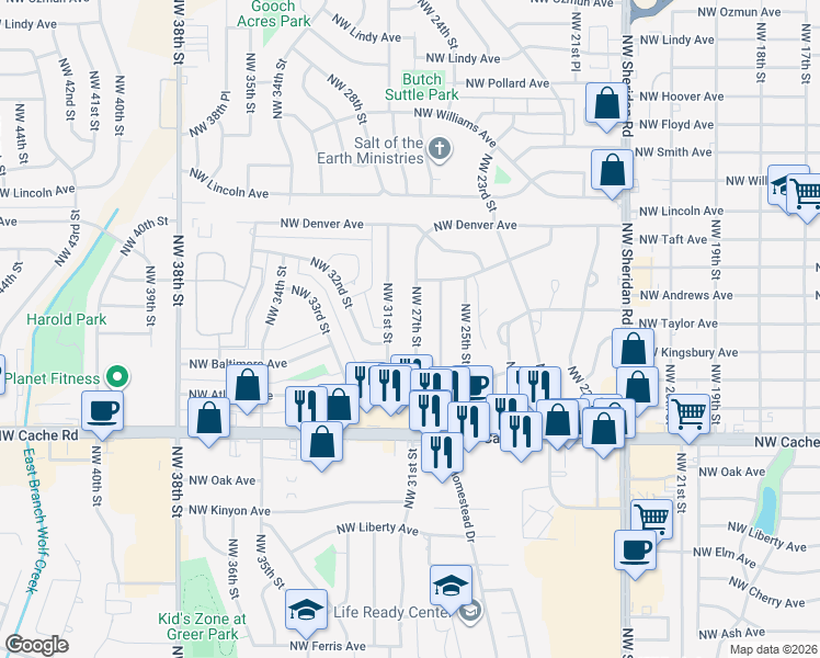 map of restaurants, bars, coffee shops, grocery stores, and more near 1631 Northwest 27th Street in Lawton