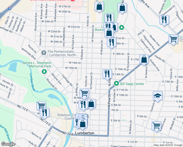 map of restaurants, bars, coffee shops, grocery stores, and more near N Chestnut St & E 14th St in Lumberton