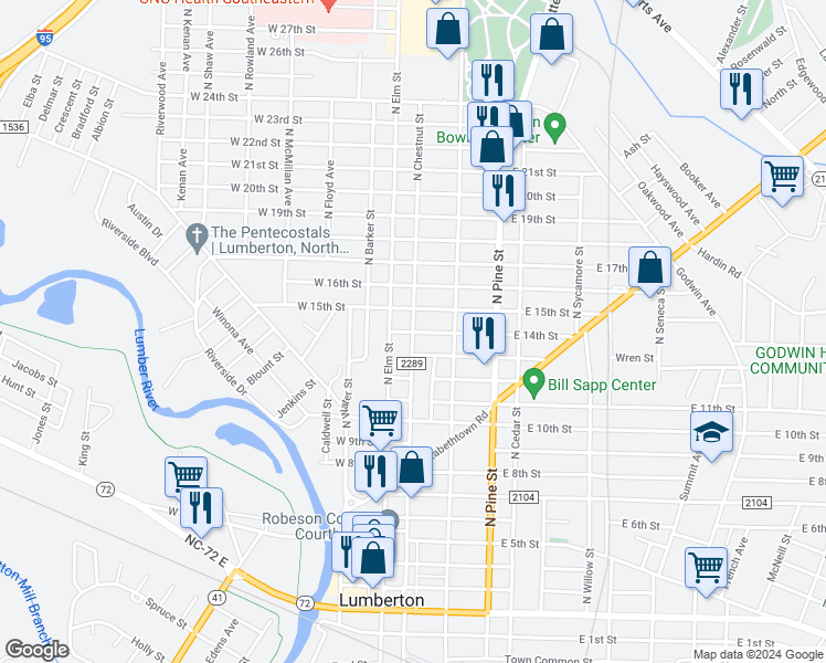 map of restaurants, bars, coffee shops, grocery stores, and more near N Chestnut St & E 14th St in Lumberton