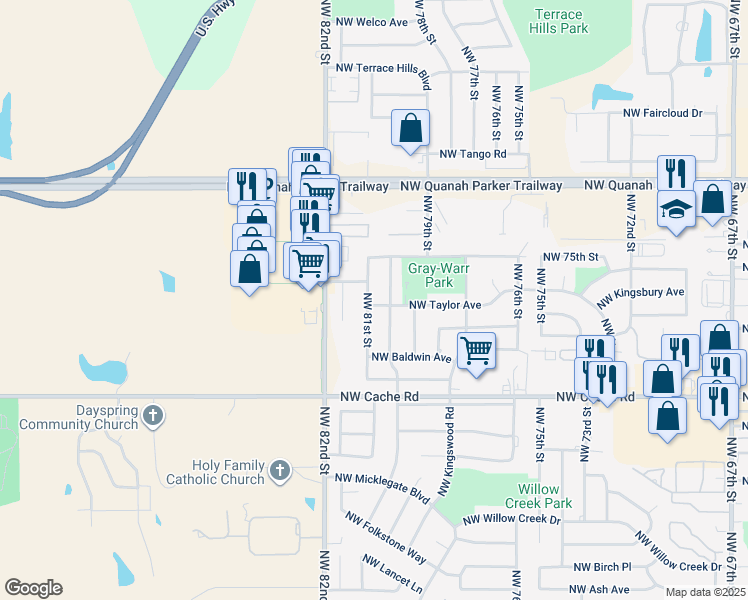 map of restaurants, bars, coffee shops, grocery stores, and more near 1801 Northwest 81st Street in Lawton